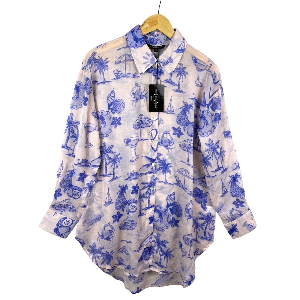 NWT Club Z Collection Women Tropical Button Up Shirt Swim Coverup Sz M Resort